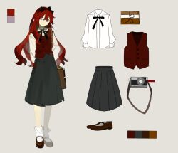 Rule 34 | 1girl, absurdres, ankle socks, black bow, black bowtie, black skirt, bow, bowtie, briefcase, buttons, camera, character sheet, chinese commentary, closed mouth, collared shirt, color guide, commentary request, full body, grey background, hair bow, high-waist skirt, high collar, highres, holding, holding behind back, long hair, long sleeves, looking at viewer, mary janes, medium skirt, notebook, original, pleated skirt, red eyes, red footwear, red hair, red vest, shirt, shoes, simple background, skirt, smile, socks, solo, tiankong yiji, vest, white shirt, white sleeves, white socks