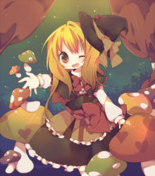Rule 34 | 1girl, :d, ana (rznuscrf), blonde hair, brown eyes, female focus, gradient hair, hat, heart, kirisame marisa, multicolored hair, mushroom, one eye closed, open mouth, outstretched arm, outstretched hand, smile, solo, touhou, wink, witch, witch hat