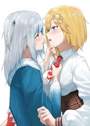 Rule 34 | 2girls, absurdres, animal hood, blonde hair, blue eyes, blue hair, blue hoodie, blunt bangs, blush, collared shirt, eye contact, face-to-face, gawr gura, gawr gura (1st costume), grey hair, hair ornament, hand on another&#039;s chin, highres, hololive, hololive english, hood, hoodie, kaze 22, long hair, long sleeves, looking at another, multicolored hair, multiple girls, necktie, necktie grab, neckwear grab, open mouth, red necktie, shark hair ornament, shark hood, shirt, short hair, streaked hair, two side up, upper body, virtual youtuber, watson amelia, white background, white shirt, yuri