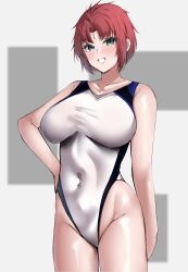 1girl absurdres blue_eyes blush borrowed_character breasts commission copyright_request cowboy_shot hair_between_eyes highres large_breasts looking_at_viewer navel one-hour_drawing_challenge one-piece_swimsuit red_hair short_hair simple_background skeb_commission smile solo swimsuit tf_cafe twitter_username white_background white_one-piece_swimsuit