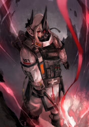 Rule 34 | 1girl, absurdres, arknights, black gloves, blood, blood on face, broken mask, burnt clothes, e-bushi, fire, flaming weapon, gloves, grey hair, hammer, highres, holding, holding hammer, holding weapon, hood, hood up, horns through hood, long sleeves, looking at viewer, mask, mudrock (arknights), red eyes, sidelocks, solo, standing, weapon