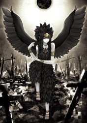 Rule 34 | 1girl, armlet, bare shoulders, bead necklace, beads, bird wings, black dress, black hair, black moon, black wings, bracelet, colored sclera, colored skin, dress, duel monster, fabled grimro, feathered wings, forehead protector, full body, full moon, green eyes, highres, jewelry, kaze minoru so-ru, long hair, looking at viewer, moon, necklace, pale skin, pointy ears, red sclera, ruins, solo, white skin, wings, yu-gi-oh!