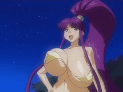 Rule 34 | 00s, 1girl, animated, animated gif, bikini, bouncing breasts, breasts, covered erect nipples, eiken, gigantic breasts, hand on own hip, hip focus, impossible clothes, long hair, lowres, misono kirika, navel, open mouth, ponytail, purple hair, qvga, screencap, smile, solo, swimsuit, twintails, unaligned breasts, very long hair, what