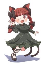 Rule 34 | 1girl, animal ears, black bow, black footwear, bow, braid, cat ears, cat tail, dress, full body, green dress, hair bow, highres, kaenbyou rin, long hair, long sleeves, multiple tails, one eye closed, open mouth, red eyes, red hair, rokugou daisuke, shoes, signature, simple background, smile, solo, tail, touhou, twin braids, two tails, v, white background