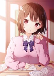Rule 34 | 1girl, bad id, bad pixiv id, blue bow, blurry, blurry background, blurry foreground, blush, book, bow, breasts, brown eyes, brown hair, closed mouth, collared shirt, commentary request, depth of field, diagonal stripes, dress shirt, eraser, fingernails, head tilt, highres, holding, holding pencil, long sleeves, open book, original, pencil, pink sweater, school uniform, shirt, short hair, sleeves past wrists, small breasts, smile, solo, striped, striped bow, sweater, taiyaki (astre), upper body, white shirt