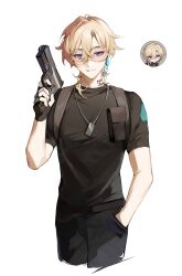 Rule 34 | 1boy, absurdres, aventurine (honkai: star rail), black gloves, black shirt, blonde hair, closed mouth, cowboy shot, dog tags, fingerless gloves, gloves, gun, hair between eyes, hand in pocket, highres, holding, holding gun, holding weapon, honkai: star rail, honkai (series), jewelry, lizi (st3648), looking at viewer, male focus, necklace, official alternate costume, shirt, short hair, simple background, t-shirt, weapon, white background