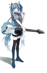 Rule 34 | 1girl, black ribbon, black skirt, black thighhighs, blue eyes, blue hair, blue necktie, boots, collared shirt, commentary request, electric guitar, full body, grey shirt, guitar, hair ribbon, hand up, hatsune miku, highres, holding, holding instrument, instrument, ligton1225, long hair, looking away, necktie, pleated skirt, plectrum, plectrum in mouth, ribbon, shadow, shirt, short sleeves, shoulder strap, simple background, skirt, solo, standing, thigh boots, thighhighs, twintails, vocaloid, white background, zettai ryouiki