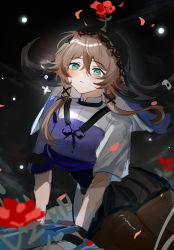Rule 34 | 1girl, ajune9, arknights, black skirt, blurry, blurry background, brown pantyhose, chinese commentary, closed mouth, cow horns, crossed bangs, flower, frown, green eyes, hair between eyes, hair flower, hair ornament, highres, horns, pallas (arknights), pantyhose, petals, rose, rose petals, shirt, short sleeves, sidelocks, skirt, solo, thighs, white shirt, wristband, x hair ornament