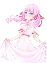 Rule 34 | 1girl, assault lily, blue eyes, closed mouth, commentary, cowboy shot, dress, eeryuu (2004107), from behind, hair ribbon, highres, long hair, looking at viewer, looking back, pink hair, pink ribbon, puffy short sleeves, puffy sleeves, ribbon, sadamori himeka, short sleeves, simple background, skirt hold, sleeve ribbon, smile, solo, standing, twintails, white background, white dress