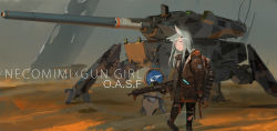 Rule 34 | 1girl, animal ears, assault rifle, backpack, bag, black pantyhose, blurry, cat ears, coat, dagger, depth of field, desert, fingerless gloves, gloves, gun, gun sling, hair ornament, hairclip, kare huang, knife, long hair, looking at viewer, looking to the side, mecha, military, open mouth, original, outdoors, pantyhose, pantyhose under shorts, pink eyes, rifle, robot, science fiction, shorts, silhouette, silver hair, sky, soldier, torn clothes, torn legwear, united nations, weapon