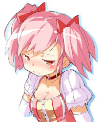 Rule 34 | 10s, 1girl, blush, breasts, choker, cleavage, comcom, elbow gloves, embarrassed, gloves, hair ribbon, kaname madoka, large breasts, magical girl, mahou shoujo madoka magica, mahou shoujo madoka magica (anime), nose blush, pink eyes, pink hair, portrait, puffy sleeves, ribbon, short twintails, simple background, solo, tears, twintails, upper body, white background