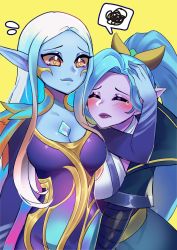 Rule 34 | 2girls, absurdres, biyon tran, blue dress, blue hair, blue skin, blush, breasts, cleavage, closed mouth, colored skin, dawnbringer soraka, dress, hand up, highres, hug, large breasts, league of legends, long hair, looking at another, multiple girls, notice lines, official alternate costume, pointy ears, ponytail, smile, soraka (league of legends), speech bubble, spirit blossom vayne, spoken squiggle, squiggle, tearing up, upper body, vayne (league of legends), wavy mouth, white hair