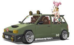 Rule 34 | 1boy, 1girl, :3, ahoge, animal ears, blunt bangs, car, earrings, from side, furry, furry male, highres, jewelry, jitome, motor vehicle, on vehicle, original, pig ears, pig girl, pig tail, pink hair, red eyes, shoes, short shorts, shorts, simple background, smile, sticker, tail, tusks, twintails, vehicle focus, waterkuma, white background