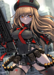 Rule 34 | 1girl, assault rifle, belt, beret, black gloves, black hat, black jacket, black leotard, black thighhighs, blurry, blurry background, breasts, brown eyes, brown hair, building, closed mouth, gloves, goddess of victory: nikke, gun, hat, highleg, highleg leotard, highres, holding, holding gun, holding weapon, jacket, leotard, long hair, medium breasts, necktie, outdoors, rapi (nikke), red gloves, red necktie, rifle, signature, solo, sunao (70 the), thighhighs, two-tone gloves, weapon, zettai ryouiki