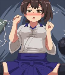 Rule 34 | 10s, 1girl, animated, animated gif, black thighhighs, blush, bouncing breasts, breasts, brown eyes, brown hair, clothed sex, hangaku, implied sex, japanese clothes, kaga (kancolle), kantai collection, looking at viewer, medium breasts, missionary, muneate, muneate removed, side ponytail, thighhighs