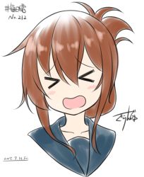Rule 34 | &gt; &lt;, 1girl, blue sailor collar, blush, brown hair, dated, facing viewer, folded ponytail, gurande (g-size), hair between eyes, highres, inazuma (kancolle), kantai collection, no nose, open mouth, sailor collar, simple background, solo, upper body, white background