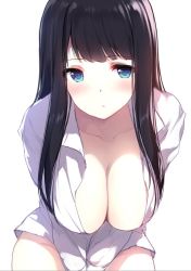 Rule 34 | 1girl, black hair, blouse, blue eyes, blush, bottomless, breasts, caidychen, cleavage, collarbone, collared shirt, cowboy shot, frown, large breasts, long hair, looking at viewer, naked shirt, no bra, original, shirt, simple background, solo, swept bangs, white background, white shirt