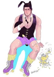 Rule 34 | 1boy, alternate costume, animal ears, bara, bare shoulders, black hair, black vest, blush, bow, bowtie, rabbit ears, buzz cut, chest hair, detached collar, facial hair, full body, golden kamuy, hairy, long sideburns, looking at viewer, pectoral cleavage, male focus, male playboy bunny, mature male, muscular, muscular male, nzo (oishii pie), pectorals, purple shorts, short hair, shorts, sideburns, sitting, solo, stubble, tanigaki genjirou, thick eyebrows, very short hair, vest, wrist cuffs