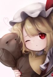 Rule 34 | 1girl, ;/, blonde hair, flandre scarlet, hat, heart, highres, looking at viewer, mizuhichi, mob cap, nail polish, one eye closed, puffy sleeves, red eyes, red nails, simple background, solo, stuffed animal, stuffed toy, teddy bear, touhou, upper body, white background, white hat, wings