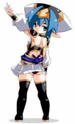 Rule 34 | 1girl, black thighhighs, blue hair, full body, green eyes, hat, headpiece, hellmatio, karukan (monjya), looking at viewer, panties, pointy ears, shinrabanshou, short hair, simple background, skirt, solo, thick eyebrows, thighhighs, underwear, white background