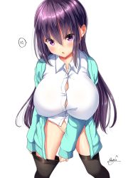 Rule 34 | 1girl, anger vein, angry, black skirt, black thighhighs, bottomless, breasts, bursting breasts, cardigan, cleavage, collared shirt, covered erect nipples, green cardigan, highres, huge breasts, legs, long hair, long sleeves, looking at viewer, miniskirt, mokufuu, no panties, open cardigan, open clothes, open mouth, original, pleated skirt, purple eyes, purple hair, shirt, signature, simple background, skirt, solo, spoken anger vein, standing, thighhighs, thighs, triangle mouth, white background, white shirt