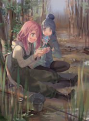 Rule 34 | 2girls, :d, :o, absurdres, animal, black footwear, black gloves, black pants, blue hair, boots, bucket, cellphone, commentary, fingerless gloves, fish, fishing rod, gloves, hair bun, highres, holding, holding phone, hood, hood down, hoodie, kagamihara nadeshiko, long hair, long sleeves, multiple girls, open mouth, outdoors, overalls, pants, phone, pink hair, psi (583278318), purple eyes, rubber boots, shima rin, sidelocks, single hair bun, sitting, smartphone, smile, squatting, symbol-only commentary, white hoodie, yurucamp