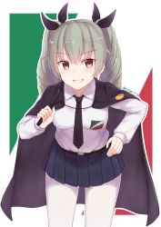 Rule 34 | 10s, 1girl, anchovy (girls und panzer), belt, black cape, black necktie, black ribbon, black skirt, blurry, blurry background, cai geng, cape, commentary, cowboy shot, dress shirt, drill hair, emblem, flag background, girls und panzer, green hair, grin, hair ribbon, hand on own hip, holding, italian flag, leaning forward, long hair, long sleeves, looking at viewer, miniskirt, necktie, pantyhose, pleated skirt, red eyes, ribbon, riding crop, school uniform, shirt, skirt, smile, solo, standing, twin drills, twintails, twitter username, white pantyhose, white shirt