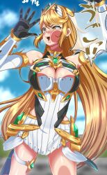 Rule 34 | 1girl, against fourth wall, against glass, bare shoulders, blonde hair, blush, breast press, breasts, cheek squash, circlet, detached sleeves, dress, faceplant, forehead protector, gameplay mechanics, gloves, highres, large breasts, long hair, mythra (xenoblade), nintendo, open mouth, samu poteto, short dress, super smash bros., tears, thigh strap, translation request, very long hair, xenoblade chronicles (series), xenoblade chronicles 2