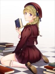 Rule 34 | 1girl, absurdres, beret, blonde hair, book, book stack, braid, checkered floor, chestnut mouth, e (eokiba), from behind, hat, highres, holding, holding book, kneehighs, looking at viewer, looking back, open book, original, pleated skirt, purple eyes, ribbon, sailor collar, shoes, skirt, socks, solo, striped ribbon, twin braids, white socks