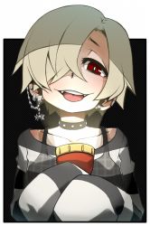 Rule 34 | 10s, 1girl, ayame hashinimasen, blonde hair, choker, dark, ear piercing, fangs, flashlight, hair over one eye, hands in opposite sleeves, idolmaster, idolmaster cinderella girls, looking at viewer, piercing, portrait, red eyes, see-through, shirasaka koume, shirt, simple background, solo, striped clothes, striped shirt, tongue, tongue out