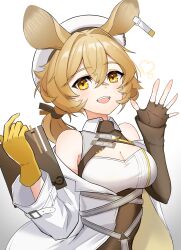 Rule 34 | 1girl, :d, absurdres, animal ears, arknights, asymmetrical gloves, bare shoulders, black gloves, blonde hair, blush, breasts, cleavage, cleavage cutout, clipboard, clothing cutout, dorothy (arknights), fingerless gloves, gloves, hair intakes, hat, highres, holding, holding clipboard, k@bu, long hair, long sleeves, looking at viewer, low ponytail, medium breasts, mismatched gloves, mouse ears, open mouth, simple background, single fingerless glove, smile, solo, teeth, underbust, upper body, upper teeth only, waving, white background, white hat, wing collar, yellow eyes, yellow gloves