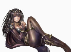 Rule 34 | 10s, 1girl, 2017, alternate eye color, ass, black hair, black pantyhose, blue eyes, blunt bangs, blush, bodysuit, bracelet, breasts, bridal gauntlets, cape, cleavage, docoi, fire emblem, fire emblem awakening, hair ornament, jewelry, legs, long hair, looking at viewer, lying, medium breasts, nintendo, on back, pantyhose, purple eyes, shiny skin, shoes, simple background, smile, solo, tharja (fire emblem), thick thighs, thighs, tiara, twintails, white background