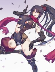Rule 34 | 1girl, black hair, breasts, damaged, debris, depo (typebaby505), fate/grand order, fate (series), highres, katou danzou (fate), large breasts, leotard, long hair, navel, ponytail, red scarf, scarf, torn clothes, torn leotard, yellow eyes