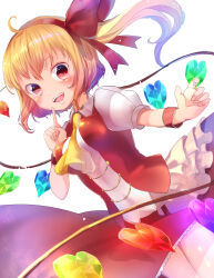 Rule 34 | 1girl, absurdres, adapted costume, ahoge, alternate breast size, alternate wings, ascot, backlighting, blonde hair, bow, clip studio paint (medium), collared shirt, cowboy shot, crystal, flandre scarlet, hair between eyes, hair bow, hairband, happy, highres, looking at viewer, medium hair, multicolored wings, negimapurinn, no headwear, open mouth, puffy short sleeves, puffy sleeves, red bow, red eyes, red hairband, red skirt, red vest, shirt, short sleeves, simple background, skirt, smile, solo, teeth, thighs, touhou, upper teeth only, vest, white background, white shirt, wings, yellow ascot