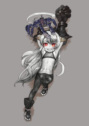 Rule 34 | 1girl, abyssal ship, ahoge, arms up, black footwear, black pantyhose, boots, claws, colored skin, crab, crab on head, flat chest, gauntlets, grey background, harukaze unipo, highres, horns, huge ahoge, kantai collection, leg up, long hair, new battleship princess, pale skin, pantyhose, red eyes, sharp teeth, simple background, skinny, teeth, white skin