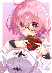 Rule 34 | 1girl, absurdres, blush, breasts, candy, chocolate, chocolate heart, coat, commentary request, duffel coat, fate/grand order, fate (series), food, glasses, hair over one eye, heart, highres, holding, jacket, large breasts, light purple hair, long sleeves, looking at viewer, mash kyrielight, mash kyrielight (fgo x lawson), official alternate costume, purple eyes, purple hair, red ribbon, ribbon, short hair, smile, solo, wasa (pixiv29582664), white jacket