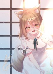 Rule 34 | 1girl, animal ear fluff, animal ears, blonde hair, blush, cacao (cacaomgmg), commentary, fangs, fox ears, fox girl, fox tail, green ribbon, hair between eyes, highres, kudamaki tsukasa, long hair, looking at viewer, neck ribbon, open mouth, red nails, ribbon, romper, short sleeves, signature, sleeve ribbon, smile, solo, tail, touhou, white romper, yellow eyes