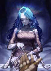 Rule 34 | 1girl, blue eyes, blue hair, blue skin, breasts, closed mouth, colored skin, cracked skin, doll joints, elden ring, extra arms, highres, ja mong, jewelry, joints, long hair, looking at viewer, nude, parted bangs, ranni the witch, reaching, reaching towards viewer, ring, simple background, solo, spoilers, tarnished (elden ring)