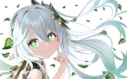 1girl absurdres aconatsu_(konatu-aomi) bare_shoulders blurry blush closed_mouth cross-shaped_pupils depth_of_field dress finger_to_cheek genshin_impact gradient_hair green_eyes green_hair green_sleeves hair_between_eyes hair_ornament highres leaf leaf_hair_ornament looking_at_viewer multicolored_hair nahida_(genshin_impact) pointy_ears side_ponytail smile solo symbol-shaped_pupils upper_body white_background white_dress