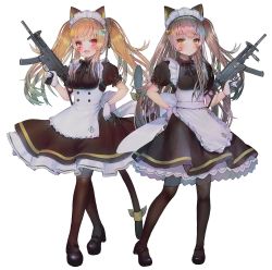 Rule 34 | 2girls, 404 logo (girls&#039; frontline), :d, alternate costume, animal ears, apron, bad id, bad twitter id, bell, black footwear, black pantyhose, blush, breasts, brown hair, cat ears, cat tail, closed mouth, commentary, dress, enmaided, fang, framed breasts, frills, full body, girls&#039; frontline, gloves, grey hair, gun, h&amp;k ump, h&amp;k ump, h&amp;k ump, hair bell, hair between eyes, hair ornament, hairclip, hanato (seonoaiko), hand on own hip, heckler &amp; koch, highres, holding, holding gun, holding weapon, jingle bell, long hair, looking at viewer, maid, maid headdress, mary janes, medium breasts, multiple girls, one side up, open mouth, pantyhose, puffy short sleeves, puffy sleeves, red eyes, ribbon, scar, scar across eye, scar on face, shoes, short sleeves, simple background, skin fang, smile, submachine gun, tail, tail ornament, tail ribbon, twintails, twitter username, ump45 (girls&#039; frontline), ump9 (girls&#039; frontline), weapon, white background, yellow eyes