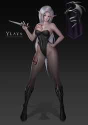 Rule 34 | 1girl, armored boots, bare shoulders, black background, black leotard, boots, breasts, character name, collarbone, dagger, dark elf, dragon, elf, facial tattoo, felox08, flag, hand on own hip, heroes of might and magic, heroes of might and magic v, holding, holding weapon, knife, large breasts, leg tattoo, leotard, lipstick, long hair, looking at viewer, makeup, might and magic, narrow waist, no bra, no panties, pale skin, pantyhose, pointy ears, red eyes, shadow, shoulder tattoo, snake tattoo, solo, standing, tattoo, weapon, white hair, ylaya