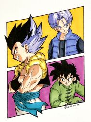 Rule 34 | 3boys, a24wks, black eyes, black hair, blue vest, chinese clothes, commentary request, crossed arms, dragon ball, dragon ball super, dragon ball super super hero, gotenks, grin, highres, male focus, marker (medium), metamoran vest, multicolored hair, multiple boys, muscular, muscular male, purple eyes, purple hair, signature, smile, son goten, traditional media, trunks (dragon ball), two-tone hair, vest
