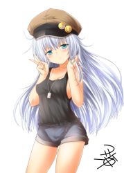 Rule 34 | 10s, 1girl, alternate costume, blue eyes, blue shorts, breasts, brown hat, collarbone, hat, hibiki (kancolle), jewelry, kantai collection, long hair, necklace, short shorts, shorts, signature, silver hair, simple background, sleeveless, small breasts, solo, v, white background, yua (checkmate)