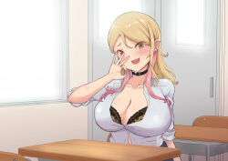 Rule 34 | 1girl, absurdres, bitchmotor, blush, bra, bra peek, breasts, chair, choker, classroom, cleavage, desk, ear piercing, embarrassed, eyebrows hidden by hair, female focus, fingers together, gyaru, hand up, highres, indoors, large breasts, long hair, looking at viewer, multicolored hair, nail polish, open mouth, original, oshiego gyaru ni 30-dai dōtei ga barete yabai&hellip;, piercing, school uniform, sexually suggestive, sitting, sleeves rolled up, smile, solo, two-tone hair, underwear, upper body, yellow eyes