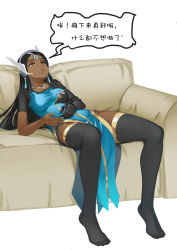 Rule 34 | 1girl, absurdres, black hair, blue dress, blue nails, brown eyes, couch, dark-skinned female, dark skin, dress, forehead jewel, headgear, highres, jewelry, leaning back, long hair, mechanical arms, nail polish, necklace, no shoes, overwatch, overwatch 1, pelvic curtain, single mechanical arm, sitting, slouching, solo, streamingsun, symmetra (overwatch), thighhighs, translation request