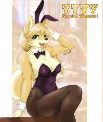Rule 34 | 1girl, :3, absurdres, ahoge, animal ears, animal nose, arm up, artist name, black hairband, black pantyhose, blonde hair, body fur, bow, bowtie, braid, breasts, cleavage, covered navel, detached collar, english text, fake animal ears, female focus, fox ears, fox girl, fox tail, furry, furry female, green eyes, hair bow, hairband, happy, highres, large breasts, leg up, leotard, long hair, looking to the side, milestone celebration, open mouth, original, pantyhose, playboy bunny, purple bow, purple bowtie, purple leotard, rabbit ears, sidelocks, signature, sitting, smile, snout, solo, strapless, strapless leotard, tail, thighband pantyhose, treyer, two-tone fur, white bow, wide hips, wrist cuffs, yellow fur