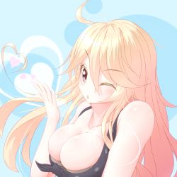 Rule 34 | 10s, 1girl, ;o, ahoge, bare shoulders, black ribbon, black shirt, blonde hair, blowing kiss, blue background, blue eyes, blush, breasts, buttons, cleavage, collarbone, colored eyelashes, e-note, eyebrows, front-tie top, hair between eyes, head tilt, heart, highres, iowa (kancolle), kantai collection, large breasts, long hair, looking at viewer, one eye closed, open clothes, open shirt, parted lips, ribbon, shirt, simple background, sleeveless, sleeveless shirt, solo, star (symbol), tareme, unbuttoned, upper body, very long hair