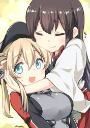 Rule 34 | 10s, 2girls, absurdres, akagi (kancolle), aqua eyes, blonde hair, brown hair, check commentary, closed eyes, hair ornament, hat, highres, hug, kantai collection, long hair, low twintails, multiple girls, open mouth, prinz eugen (kancolle), ryuki (ryukisukune), skirt, smile, twintails