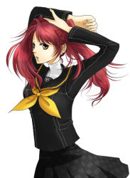 Rule 34 | 1girl, atlus, bad id, bad pixiv id, black skirt, blush, cowboy shot, kujikawa rise, long sleeves, looking at viewer, neckerchief, persona, persona 4, red hair, sattta, school uniform, simple background, skirt, solo, twintails, white background