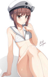 Rule 34 | 10s, 1girl, arm support, artist name, bikini, bottomless, bow, brown eyes, brown hair, check commentary, closed mouth, clothes writing, collarbone, commentary request, eyebrows, flat chest, hat, hat bow, kantai collection, looking at viewer, matching hair/eyes, peaked cap, sailor bikini, sailor collar, sailor hat, samegami, shadow, short hair, signature, sitting, solo, striped, striped bow, swimsuit, white bikini, white hat, z3 max schultz (kancolle)